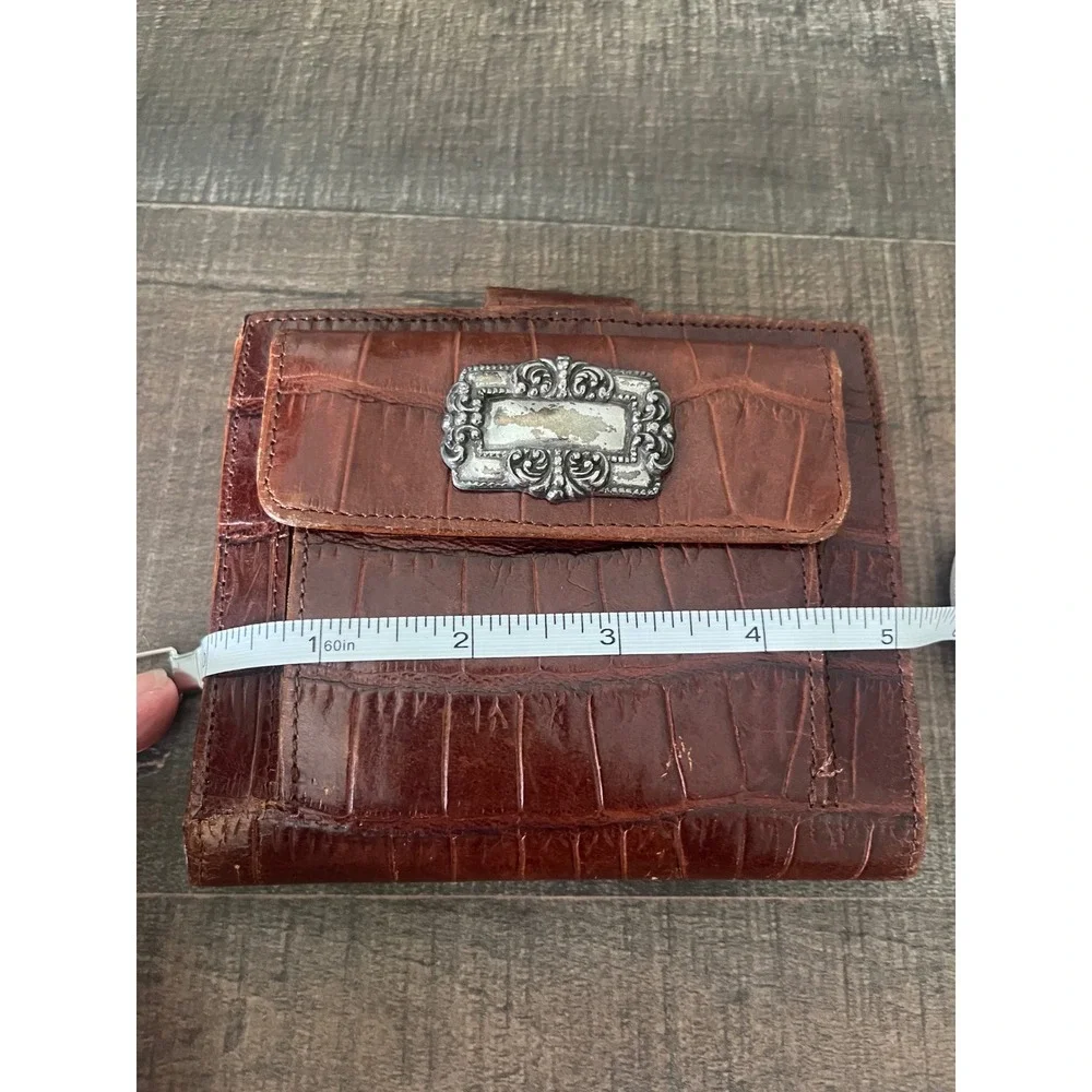 Brighton Cognac Brown Croc Embossed Leather Bifold Wallet Silver Hardware VTG